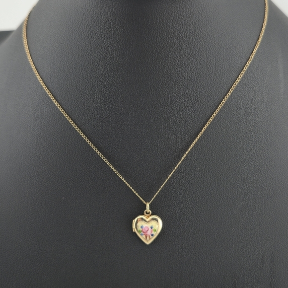 Vintage 12K Gold-Filled Heart Locket Necklace 13" Chain Floral Enamel Pendant - Picture 1 of 12